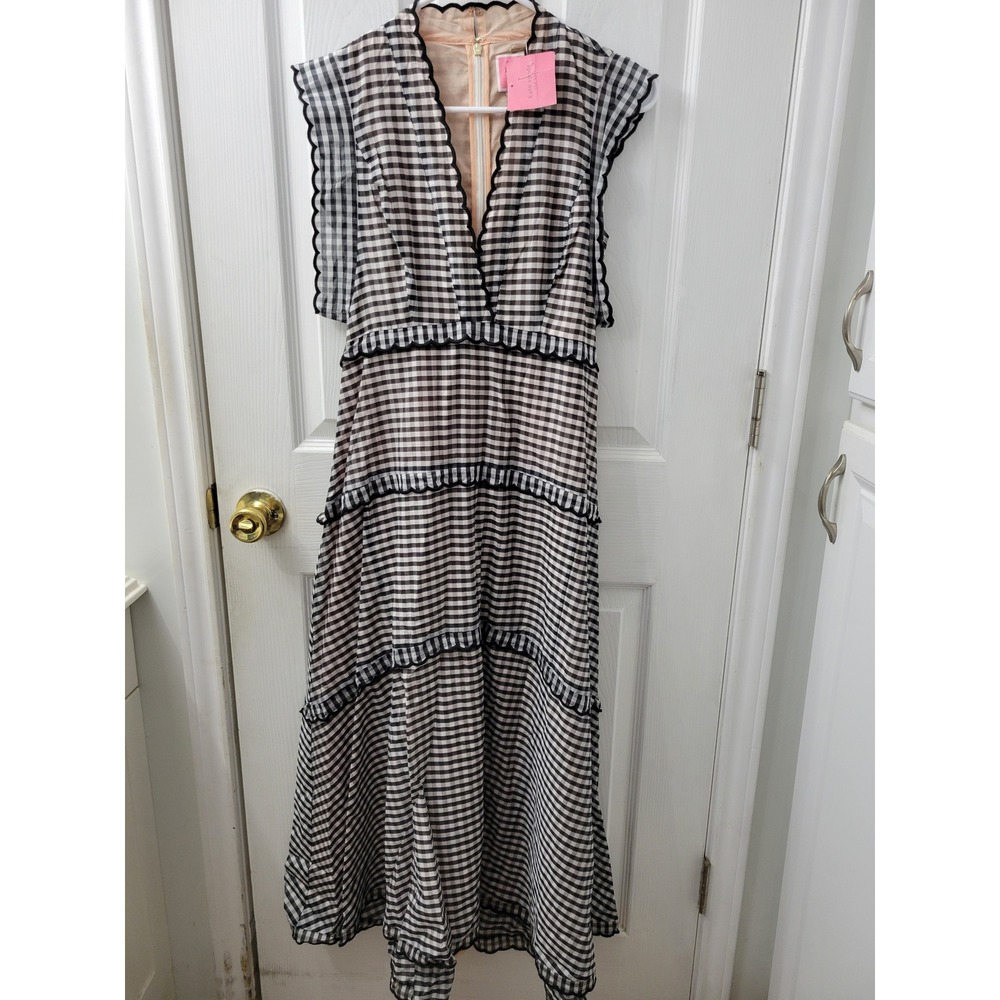 Kate Spade New York Gingham Cotton Silk Tiered Midi Dress Black Cream NJMUA475 0